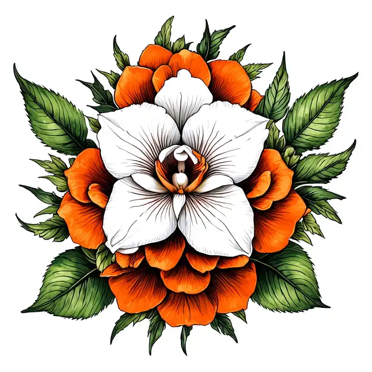 White Cattleya And Orange Rose Surrounded