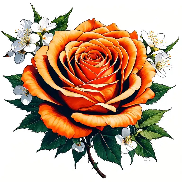 Orange Rose With White Plum Blossom Ikebana