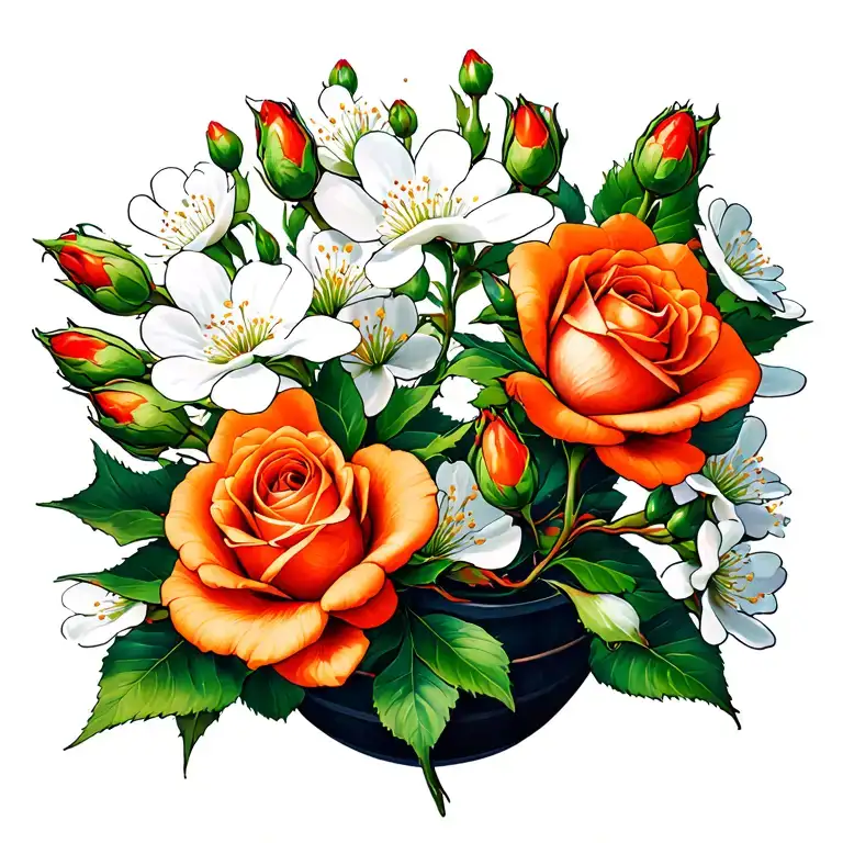 Orange Rose Buds With White Plum Blossom Ikebana Floral Arrangement
