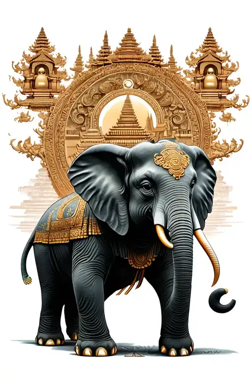 Buddhist Monastery And Elephant