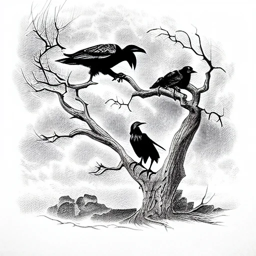 Ravens Perching On The Branches Of A Dead Oak Tree With A Dead Soldier At The Ba