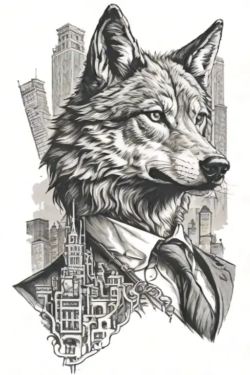Wolf Wearing A Suit And Tie Design Incorporating Elements Of A Wall Street New York Buildings