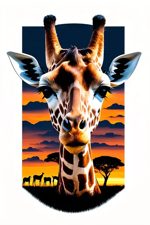 Giraffe Face Close Up With Giraffe Silhouettes And Savannah Tree Sunset In Background