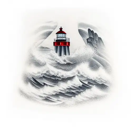 One Lighthouse In A Storm With Mountain Landscape Behind And Doves Flying