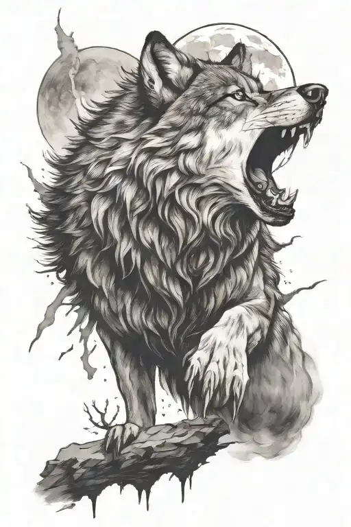 Attacking Wolf And Moon