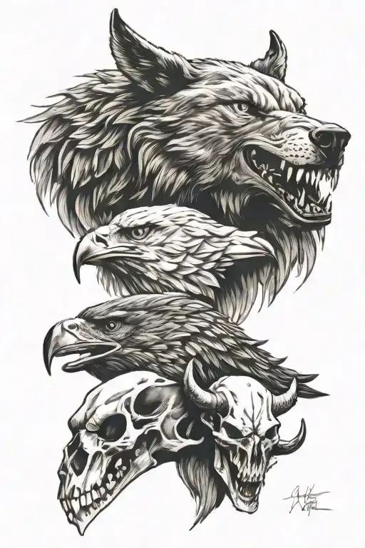Wolf And Eagle And Bull Skull