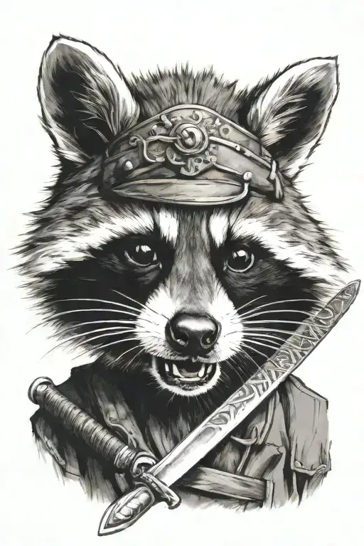 A Raccoon With A Scar On His Left Eye Holds A Samurai Sword In His Teeth