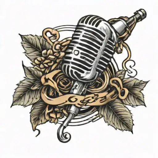 A Tattoo Design Featuring A Microphone Intertwined With Coffee Beans And Musical Notes