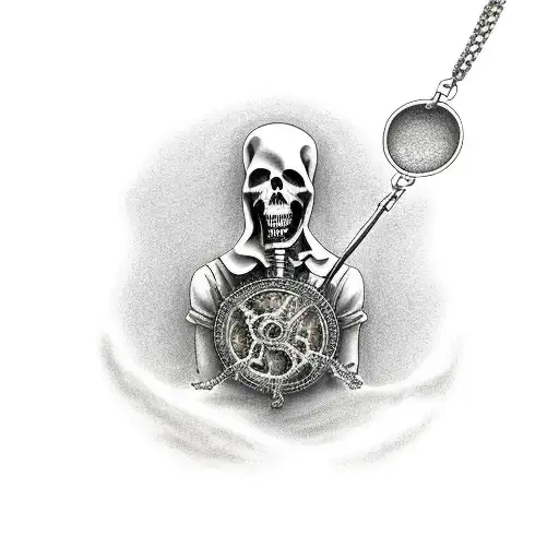 Grim Reaper Holding A Cracked Hour Glass With Sand Tipping Out And Has Chains Wrapped