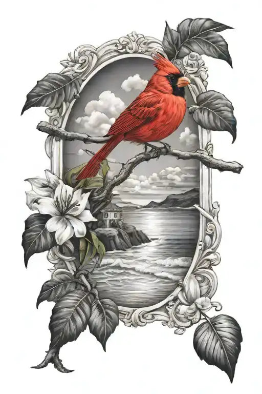 Cardinal And Beach Scene