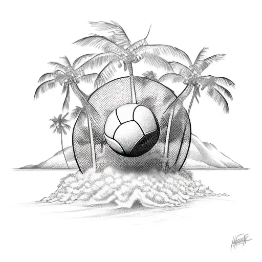 A Sketch Of A Beach Scene With Palm Trees And A Volleyball Flying Through The Air