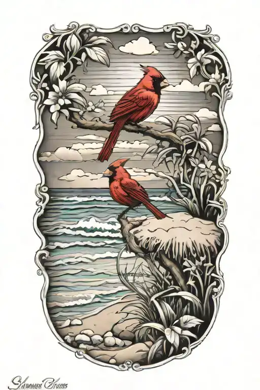 Cardinal And Beach Scene