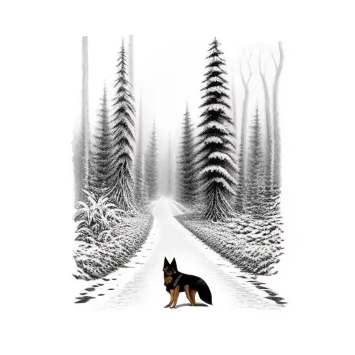 Forest With A Pathway And A German Shepherd Walking Down It