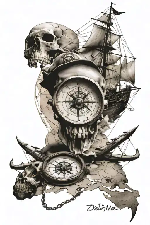 Skull And Map And Compass And Ship