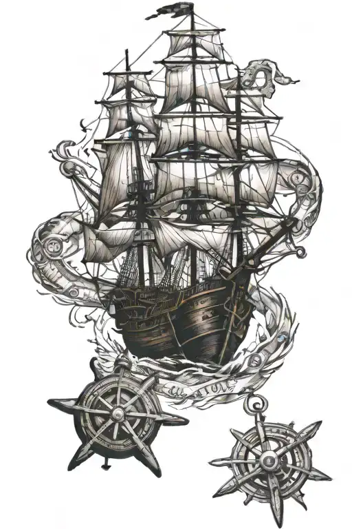 Pirate And Ship And Map And Compass And Anchor Intertwined