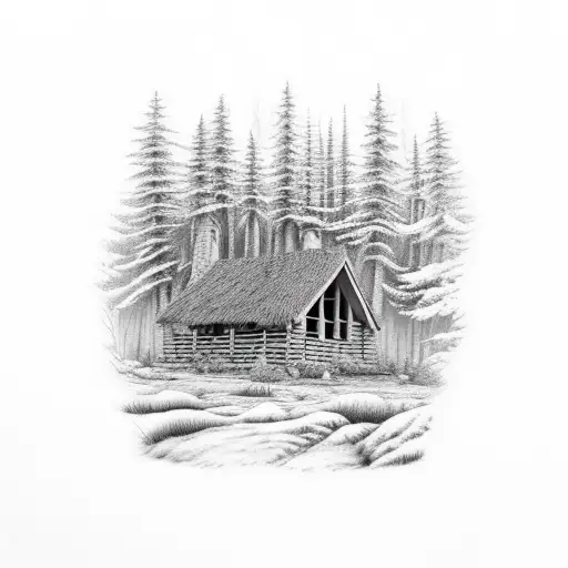 Forest Scene With Cabin And Deer