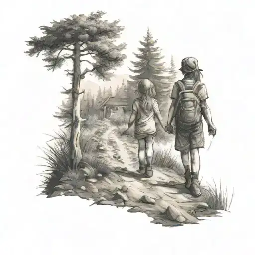 Realistic Grown Kid And Little Girl Walking Into Trail In A Black Forest