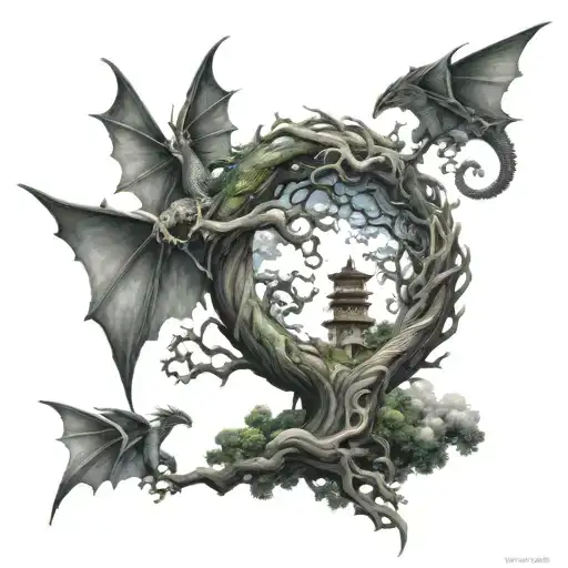 Tree With Dragons And Clouds Swirling