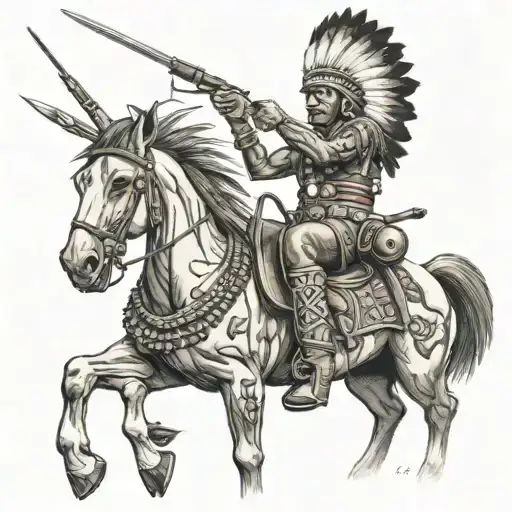 Indian Chief On Top Of A Horse Raising A Rifle Above His Head