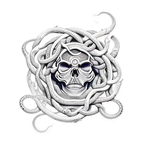 Skull Medusa With Snakes And Clock