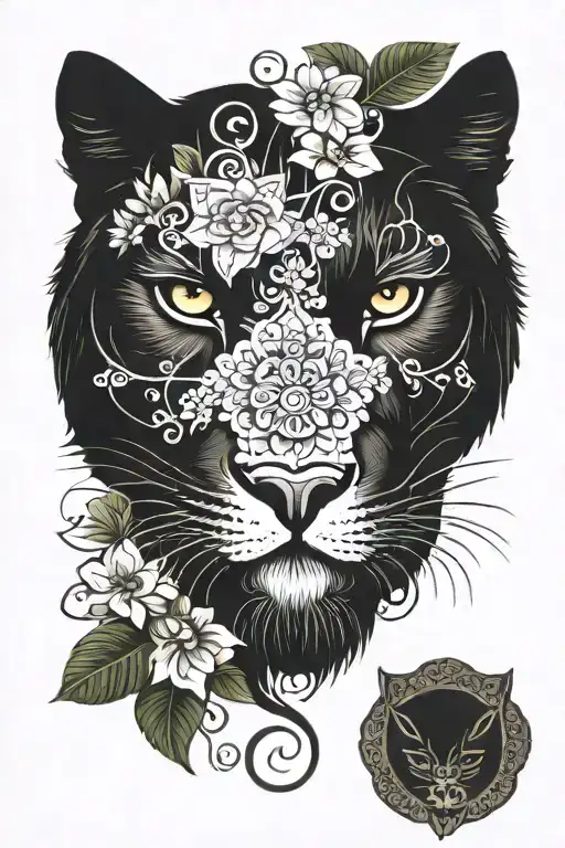 Black Evil Panther Head In Lotus Flowers With Swirls Mandala Pendant