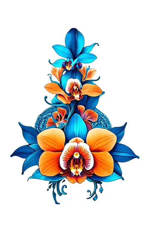 Blue And Orange Mandala With Orchids Intertwined