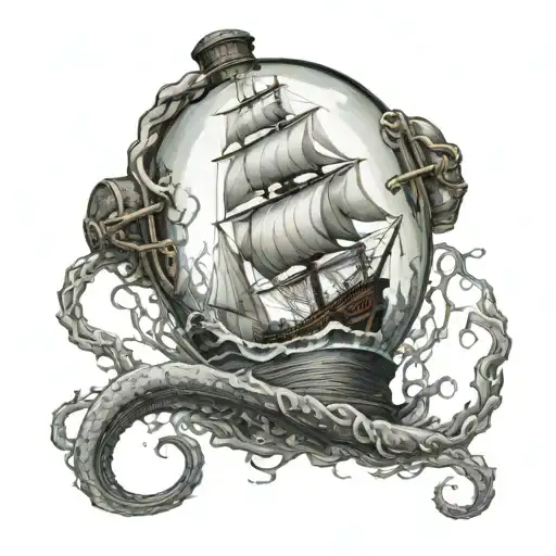 Ship In A Bottle With Kraken Reaching