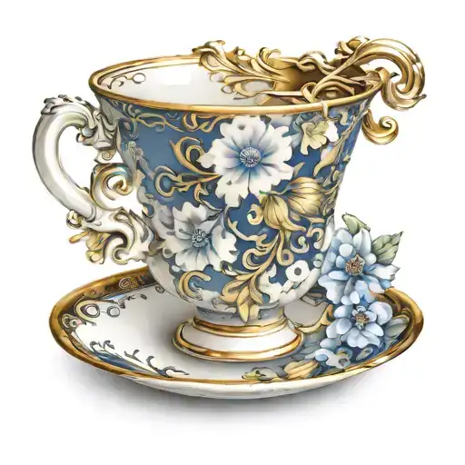 Illustrate A Realistic Tattoo Of A Broken China Porcelain Cup Being Delicately Repaired With Gold