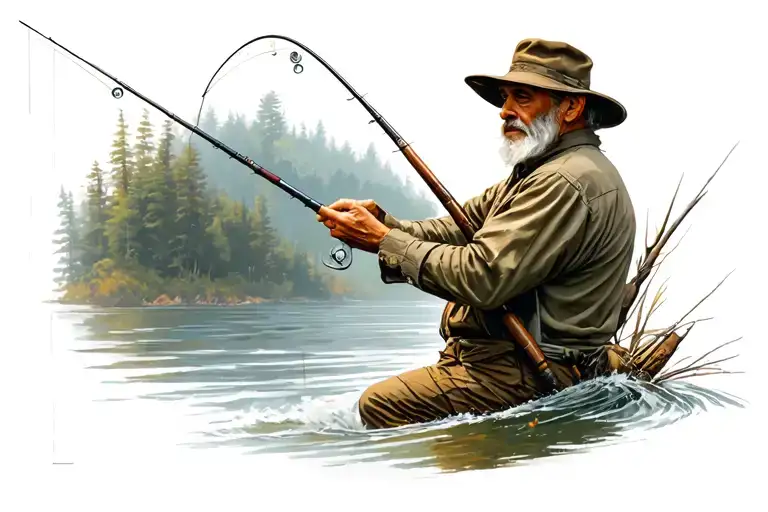 An Old Man Fishing On One Side And Hunting On The Other