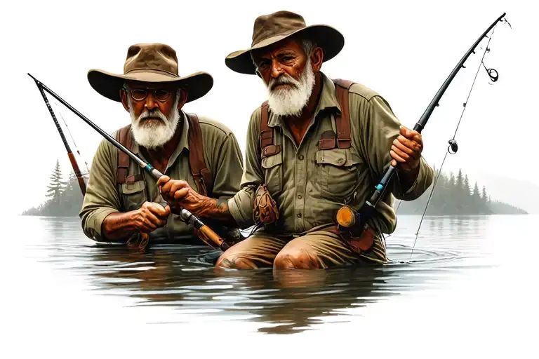 An Old Man Fishing On One Side And Hunting On The Other No Color