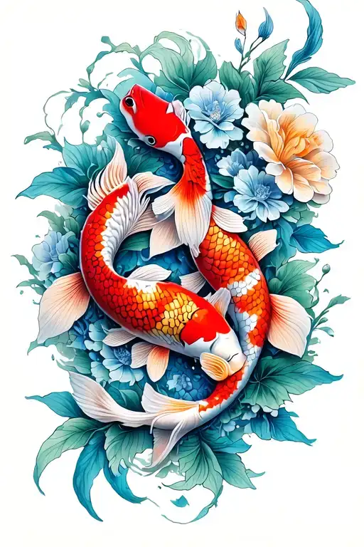 2 Koi Fish Tattoo With Flowers Intertwined