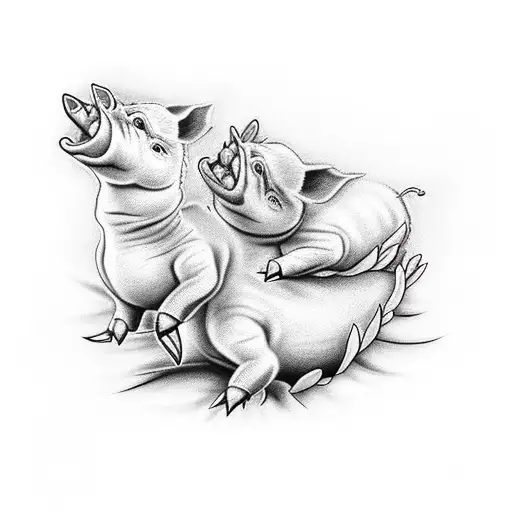 Baby Piglets Playing With A Baby Dragon With Lillies