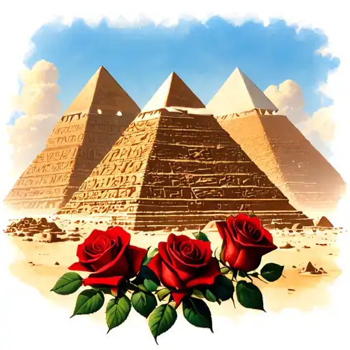 3 Egyptian Pyramids With 3 Red Roses Under Them