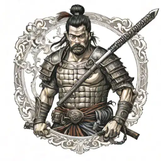 A Realistic Portrait Of A Warrior With A Samurai Sword On His Back