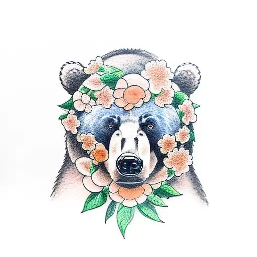 Bear Holding A Peach Branch With Flowers