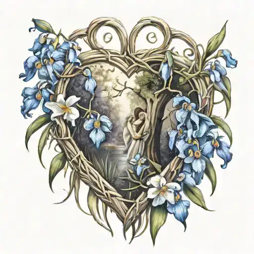 Willow Tree Surrounded By Iris Flowers Inside A Love Heart With Angels