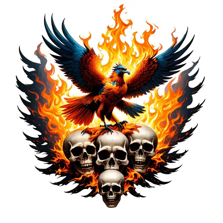 Phoenix Bird Rising From The Flames With The Bed Of Skulls Under The Fire