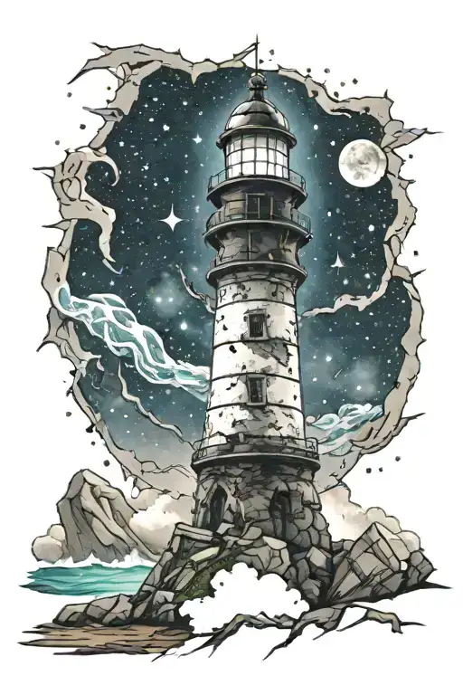 Crumbling Lighthouse Leading To A Sea Of Stars And Galaxies