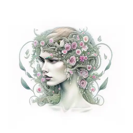 Mother Nature As A Woman Surrounded By Snakes And Flowers