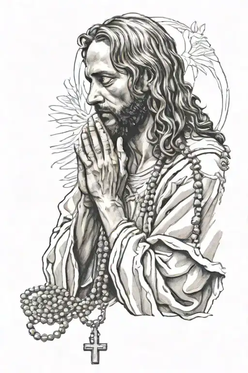 Jesus Praying With Rosary In Hand