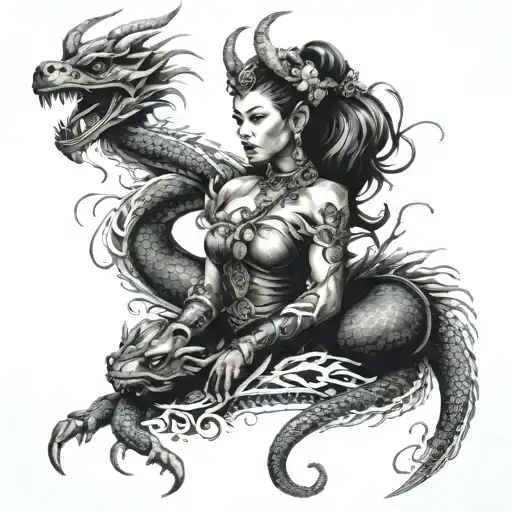 Goddess Freya Wrapped In Chinese Dragon With Scorpions And Minnie Mouse In The Background