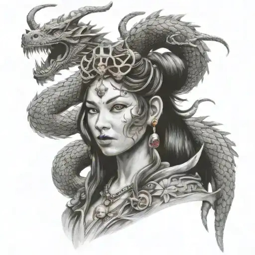 Goddess Freya Wrapped In Chinese Dragon With Scorpions And Minnie Mouse Sat On The Dragon