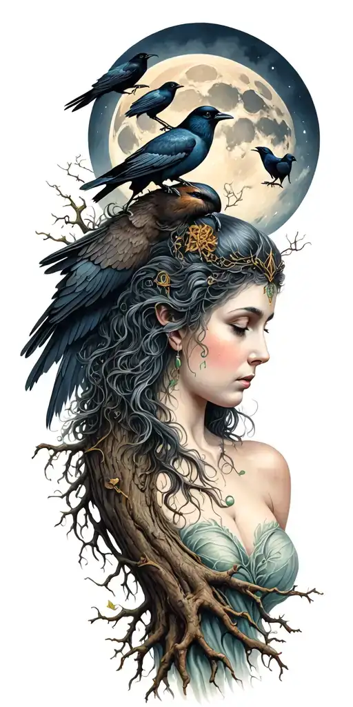 The Morrigan Irish Goddess With Crows An Old Oak Tree Growing And Bright Moonlight