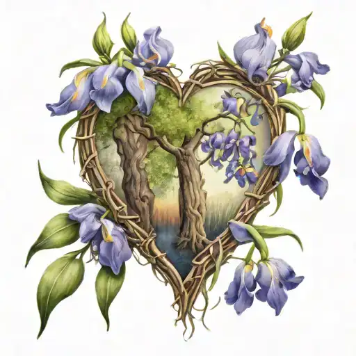 Willow Tree Surrounded By Iris Flowers Inside A Love Heart With Angels Wings On The Sides
