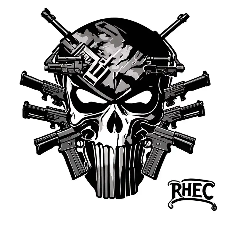 Punisher Skull With M16 Rifles With The Word Rhec