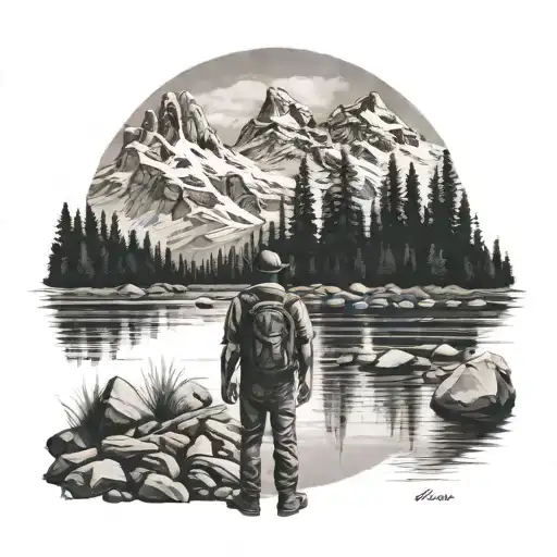 Lone Traveler On The River Bank In The Background