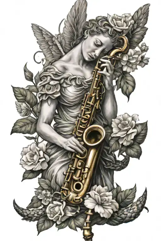 Angel Playing Flute Surrounded By Flowers Growing With Snake