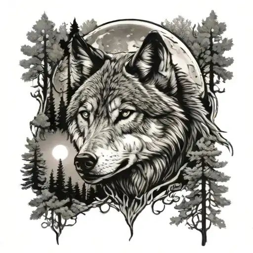 Wolf With A Forest With Moon