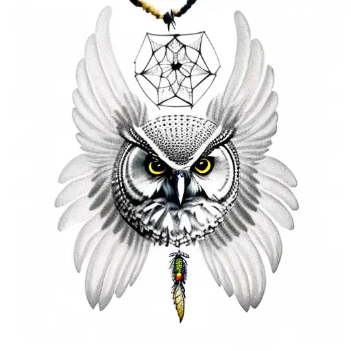 Owl With Wide Open Wings Holding A Dream Catcher In Legs