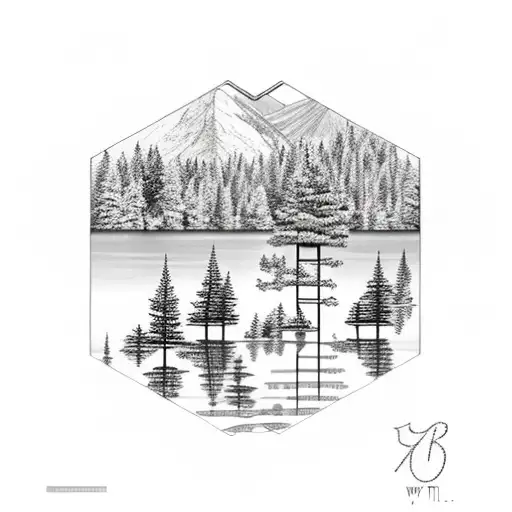 Mountain Scene With Trees Reflected Into Water Looking Like The Letter M Stacked On A W